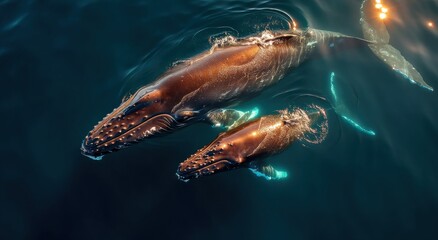 Aufkleber - Humpback Whale Mother and Calf Swimming in Ocean, Showcasing Marine Conservation and Wildlife Protection Efforts, With a Sense of Oceanic Serenity : Generative AI