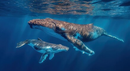 Aufkleber - Humpback Whale Mother and Calf Swimming Together in Deep Blue Ocean, Showcasing Marine Conservation and Parental Nurturing : Generative AI