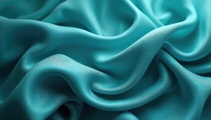 Poster - Aqua turquoise silk fabric background. Smooth satin cloth textile texture luxury, elegant, swirl. Silky backdrop for fashion design, clothing, wallpaper, drapery. Wave motion creates feeling of