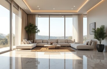 Poster - Modern living room interior with large windows, sofa, plants. Natural light, minimalist design, luxury decor. Cozy home, contemporary apartment. White marble floor, neutral color scheme, comfortable
