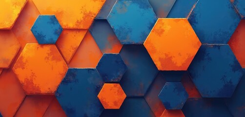 Poster - Energetic abstract illustration features vibrant orange and blue geometric pattern. Hexagons and triangles form lively abstract design. Modern, artistic background for design, tech and business.
