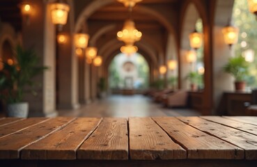 Aufkleber - Wooden table with ornate lamps and arches in bokeh background. Warm, golden light creates elegant, luxurious atmosphere. Vintage decor, perfect product display, showcase space.