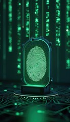 Fototapete - Futuristic fingerprint scanner with green data streams background. High tech biometric authentication. Secure personal identification, data protection. Advanced technology access control, digital