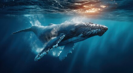 Aufkleber - Humpback Whale Swimming Underwater in Ocean Sunlight, Showcasing Marine Conservation and Wildlife Protection : Generative AI