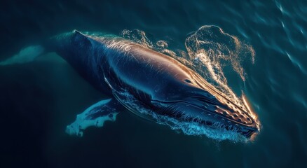 Aufkleber - Majestic Humpback Whale Swimming in Ocean, Symbolizing Marine Conservation and Environmental Awareness, Shot From Above in Natural Light : Generative AI