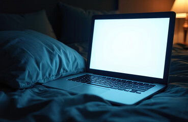 Laptop with bright screen on bed in dark room. Open computer on quilt. Keyboard close-up. Nighttime online activity, browsing, working from home. Digital device in bedchamber. Communication,