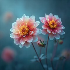 Aufkleber - Two Pink and White Dahlias in Soft Focus, Representing Floral Beauty and Natural Serenity for Garden Design and Seasonal Greetings : Generative AI