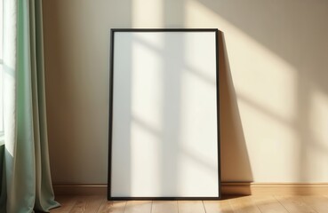 Poster - Minimalist black photo frame mockup on wooden floor leaning against room wall. Sunlight, window shadows on light beige wall. Cozy home interior, blank canvas, art gallery, simple display.