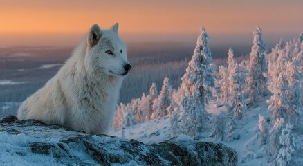 Poster - Majestic White Wolf Perched on Rocky Outcrop in Snowy Forest at Sunset, Symbolizing Wilderness Conservation and Environmental Awareness Campaign : Generative AI