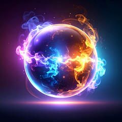 Wall Mural - surreal beauty of neon-lit sphere with smoke on backdrop. abstract glowing ball with magical energy.
