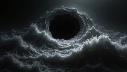 Poster - Illustration shows black hole surrounded by water waves, evoking feeling of space. Monochrome fractal art, ideal for sci-fi designs, web projects. Concept of void and depth.