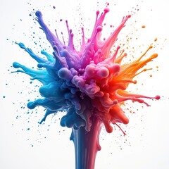 Fototapete - Iridescent ink explosion against white backdrop. Colorful paint splatter bursts outward, creating dynamic texture. Bright artistic design element, abstract background, creative artwork, vibrant spot