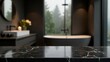 © makanna - Empty marble table top on blurred minimalistic luxury bathroom at apartment, dark black and gray colors. Place for product display, showing products, side view