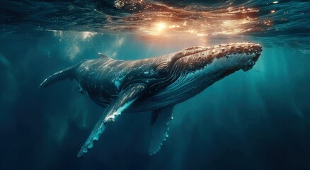Aufkleber - Humpback Whale Swimming Under the Sea Surface With Sun Rays, Embodying Marine Conservation and Ocean Exploration, Perfect for Environmental Awareness Campaigns : Generative AI