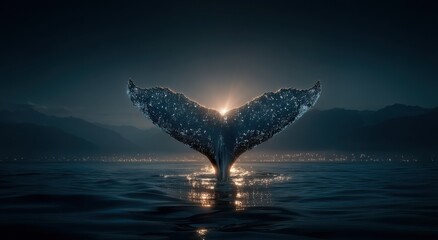 Poster - Humpback Whale Tail Emerging From Ocean at Sunset, Symbolizing Marine Conservation and Environmental Awareness, With Mountains and City Lights in Background : Generative AI