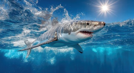 Aufkleber - Great White Shark Swimming Underwater in Bright Sunlight, Symbolizing Marine Conservation and Ocean Exploration : Generative AI