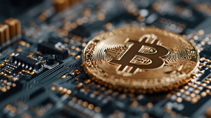 Aufkleber - Golden Bitcoin Coin on Circuit Board, Symbolizing Cryptocurrency Investment and Digital Finance Innovation for the Future of Banking : Generative AI
