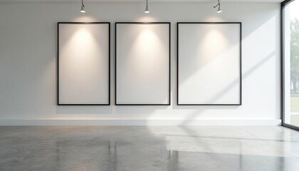 Aufkleber - Empty art gallery mockup with black frames on white wall, spotlights, concrete floor, natural light from panoramic window. Minimalist interior design template. Ideal for artwork display advertisement.