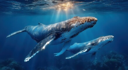 Aufkleber - Humpback Whales Swimming Underwater With Sun Rays, Showcasing Marine Conservation and Ocean Exploration : Generative AI