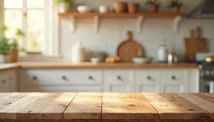 Aufkleber - Empty wooden table top kitchen background. Rustic farmhouse style blurred interior. Home decor, design. Product display, food photography, online store, advertising, marketing concept. Sunlight