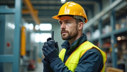 Aufkleber - Male maintenance engineer talks by walkie talkie in industrial factory. Technician worker uses radio check for repair machine. Engineer wears uniform helmet safety. Worker with radio performs
