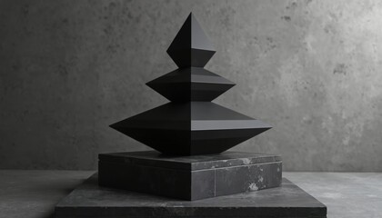 Aufkleber - Abstract black geometric composition on dark platform. Minimalist design concept features solid shapes, shadows, light and contrast. Graphic art with matte surface, industrial studio background.