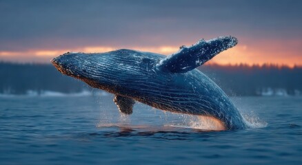 Poster - Humpback Whale Breaching in Ocean at Sunset, Symbolizing Marine Conservation and Environmental Awareness of Wildlife : Generative AI