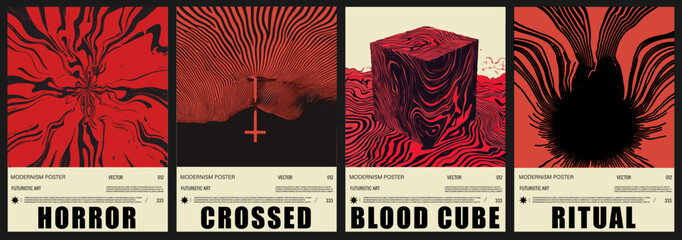 Fototapete - Horror-themed vector posters in a bold Psychedelic Op Art style, using hypnotic optical illusions and high-contrast color, reflect the trend for striking, modern abstract graphics.
