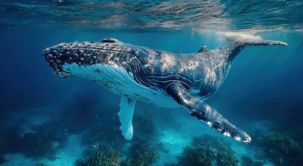 Poster - Humpback Whale Swimming Underwater in Turquoise Sea, Showcasing Marine Conservation and Ocean Exploration, Perfect for Ecotourism Marketing : Generative AI