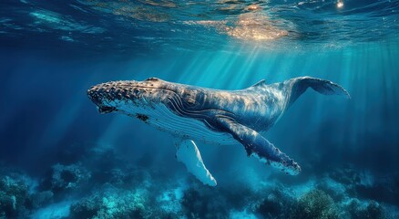 Poster - Humpback Whale Swimming Underwater With Sun Rays, Showcasing Marine Conservation and Ocean Exploration, Ideal for Environmental Awareness Campaigns : Generative AI