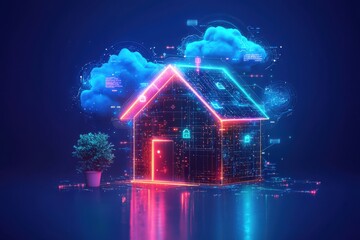Wall Mural - futuristic digital home concept illuminated by vibrant neon and cloud accents
