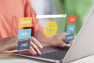DNS domain name system and web server network system concept. Domain registration, website name, url address web page and hosting on website creation. Search website on computer laptop.