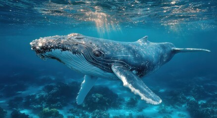 Aufkleber - Humpback Whale Swimming Gracefully Underwater, Showcasing Marine Conservation and Ocean Exploration in a Natural Habitat : Generative AI
