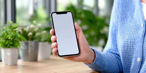 Aufkleber - Person Holding Smartphone With Blank Screen Indoors, Representing Mobile Technology and Digital Communication for Modern Lifestyle : Generative AI