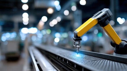 Aufkleber - Robotic Arm Welding on Conveyor Belt in Factory, Showcasing Automation and Technological Advancement in Manufacturing Processes : Generative AI