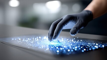 Fototapete - Gloved Hand Touching Glowing Tablet Screen, Representing Digital Transformation and Technology Innovation in a Clean Workspace Environment : Generative AI