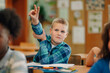 © Zamrznuti tonovi - Elementary school student raising hand in classroom to answer question