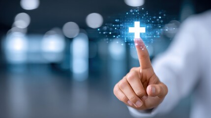 Aufkleber - Finger Touching Digital Plus Sign With Binary Code Overlay, Representing Healthcare Technology and Medical Innovation in Telemedicine Applications : Generative AI