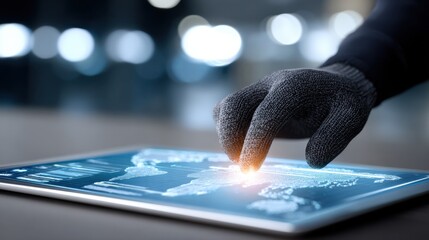 Fototapete - Gloved Hand Touching Tablet Displaying World Map, Representing Global Connectivity and Digital Transformation in Modern Technology : Generative AI