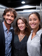 Aufkleber - Three Smiling Friends in an Elevator, Symbolizing Teamwork and Workplace Camaraderie for Corporate Communication and Social Connection : Generative AI