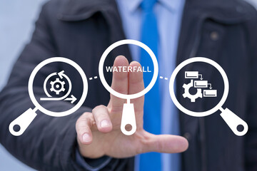 business person using virtual touch screen push text: waterfall. concept of waterfall methodology, s