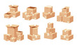 © Foxy Fox - Cardboard box stack. Stacked carton boxes. Packing, moving shipping, transportation parcels. Warehouse parcel pile for cargo. Postal delivery service. Vector set