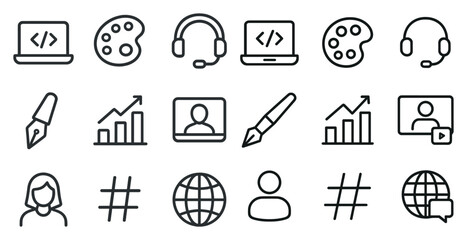 Digital communication and creative tools icon set for web and app design