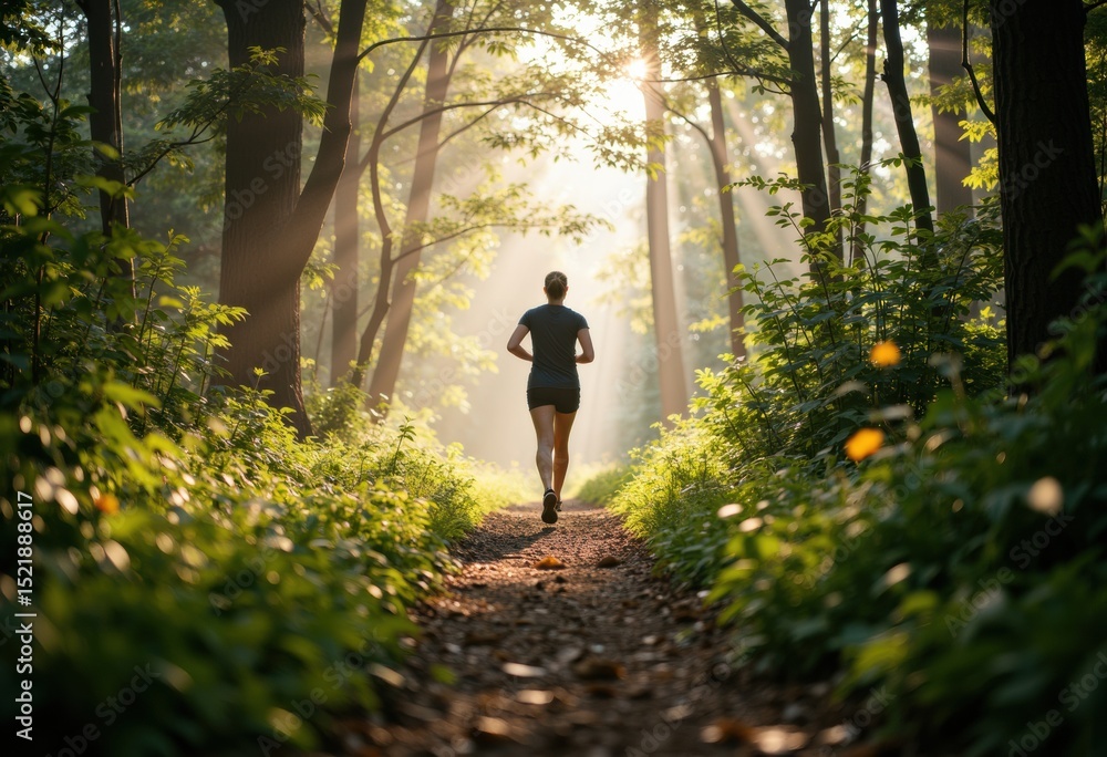 A woman jogging through a sunlit forest path surrounded by greenery ...