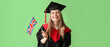 © Pixel-Shot - Female graduate student with UK flag on green background