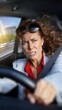 © Ruslan Batiuk - Anxious woman: frightened driver, joyful reaction, funny expression, comical journey, playful mood, nervous energy, car adventure, cheerful tension, emotional ride, humorous experience