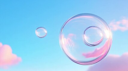 Aufkleber - Bubbles in Sky: A whimsical array of transparent soap bubbles floats in a serene blue sky with soft clouds, creating a light and airy atmosphere.