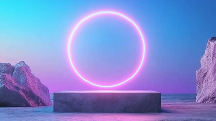 Aufkleber - Neon portal: A radiant neon circle hovers above a stone platform between two rocks in a stylized graphic render.
