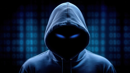 Hooded hacker focuses on glowing screens with code and projections. Dark room enhances high-tech ambiance with mysterious vibe. Concept of cybersecurity, IT, digital privacy