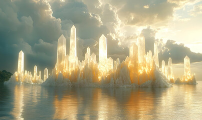 Crystalline structures rise from water under a cloudy sky, illuminated by golden light creating a surreal landscape